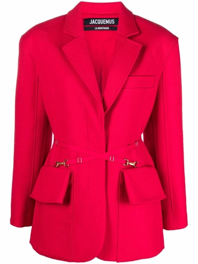 Shop Jacquemus Soco Belted Wool-twill Blazer In Rot