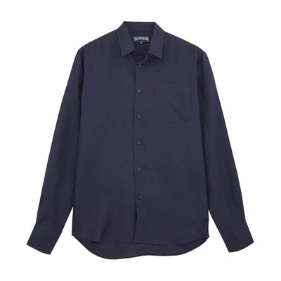 Shop Vilebrequin Linen Shirt Solid In Bleu_marine