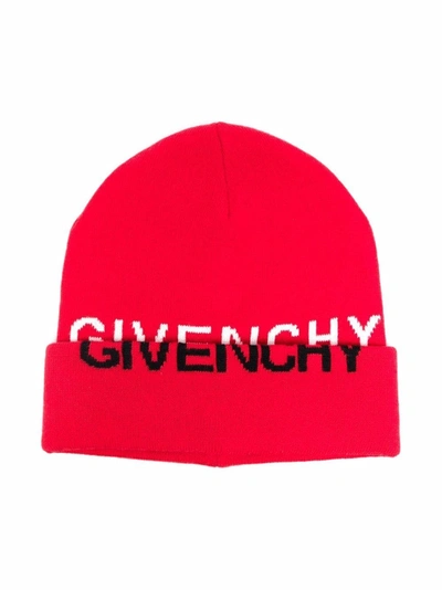 Givenchy Kids Split Logo Jacquard Cotton & Cashmere Beanie In Red