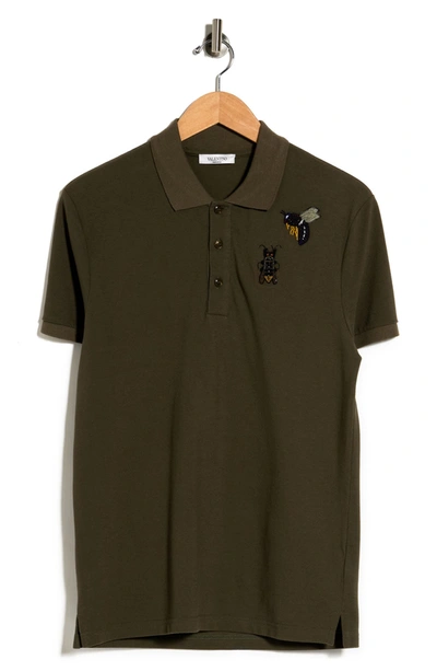 Shop Valentino Embroidered Bug Polo Shirt In Olive
