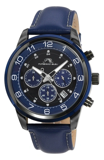 Shop Porsamo Bleu Arthur Chronograph Leather Strap Watch, 44mm In Blue/gunmetal