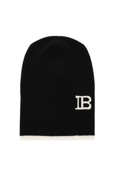 Shop Balmain Wool And Cashmere Beanie Hat In Black White (black)