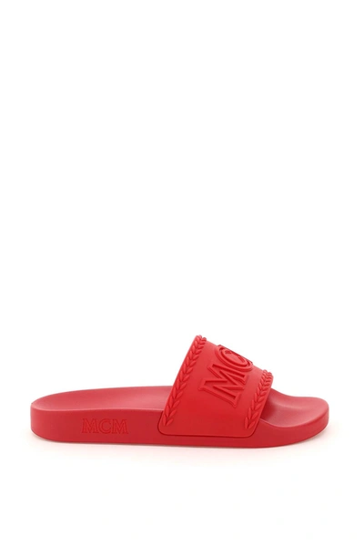 Shop Mcm Rubber Slides With Logo In Lychee (red)