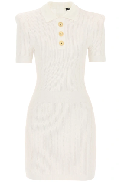 Shop Balmain Polo-style Knitted Mini Dress In White (white)