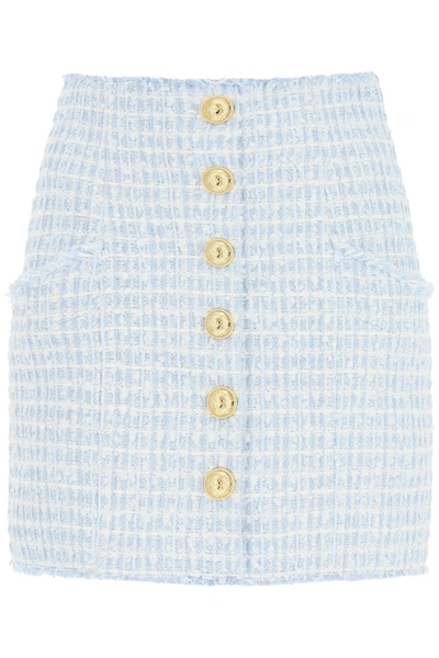Shop Balmain Tweed High Waisted Miniskirt In Bleu Pale Blanc (light Blue)