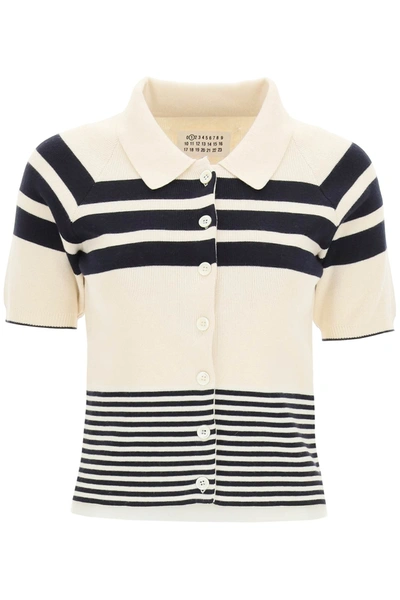 Shop Maison Margiela Striped Knit Polo Shirt In Ecru White Marine (white)