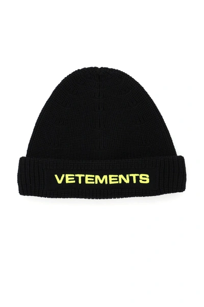 Shop Vetements Logo Beanie Hat In Black Neon Yellow (black)