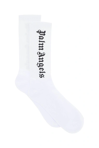 Shop Palm Angels Vertical Logo Socks In White Black (white)