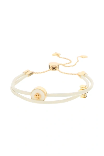 Shop Tory Burch Leather Bracelet With Slider In Tory Gold New Ivory (white)