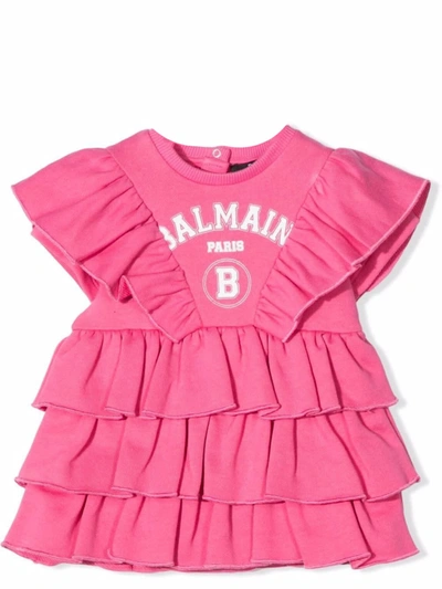 Shop Balmain Dress With Print In Fuxia