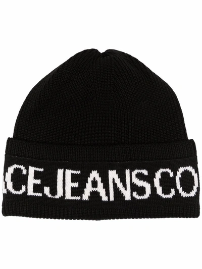 Shop Versace Jeans Couture Black And White Wool-blend Beanie In Nero+bianco