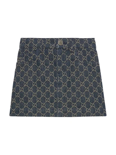 Shop Gucci Blue Denim Skirt With Frontal Button Closure, Rear Pockets And Logo Application