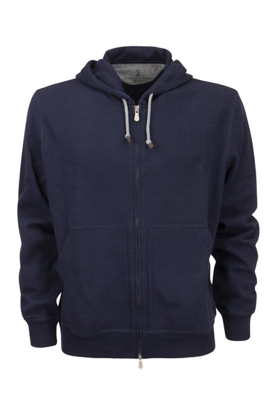 Shop Brunello Cucinelli Techno Cotton Interlock Zip-front Hooded Sweatshirt In Marine Blue