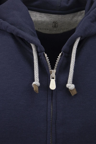Shop Brunello Cucinelli Techno Cotton Interlock Zip-front Hooded Sweatshirt In Marine Blue