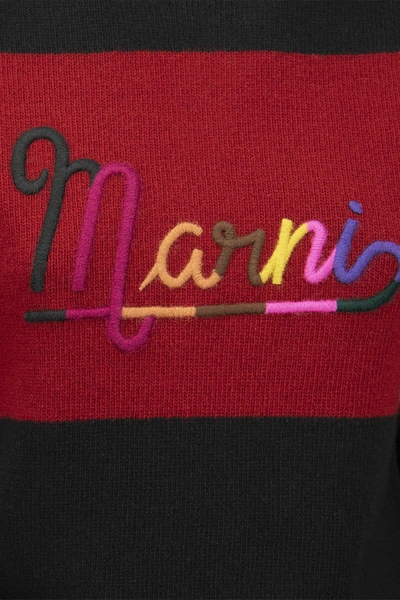 Shop Marni Shetland Wool Sweater With Embroidered Logo In Black/red