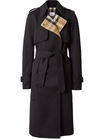 Shop Burberry Black Check Panel Cotton Gabardine Trench Coat In Nero