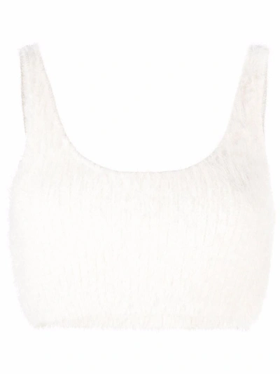 Shop Self-portrait White Fluffy Cropped Knitted Top