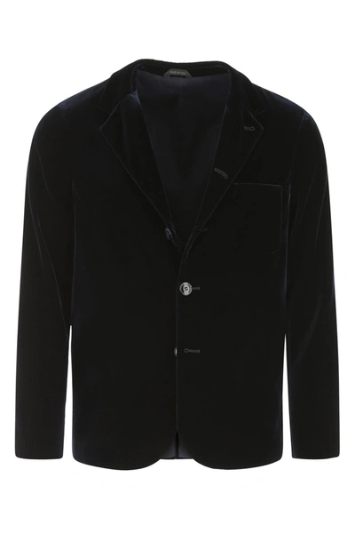 Shop Giorgio Armani Midnight Blue Stretch Velvet Blazer  Blue  Uomo 50