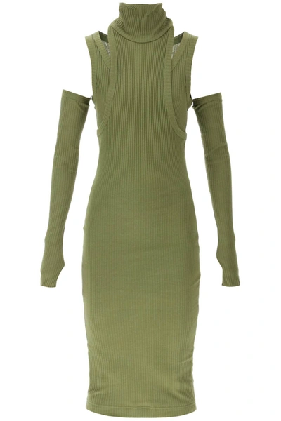 Shop Balmain Knit Dress With Gloves In Green