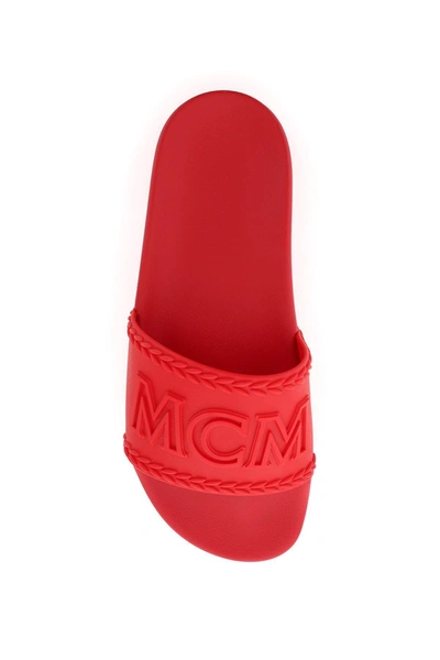 Shop Mcm Rubber Slides With Logo In Red