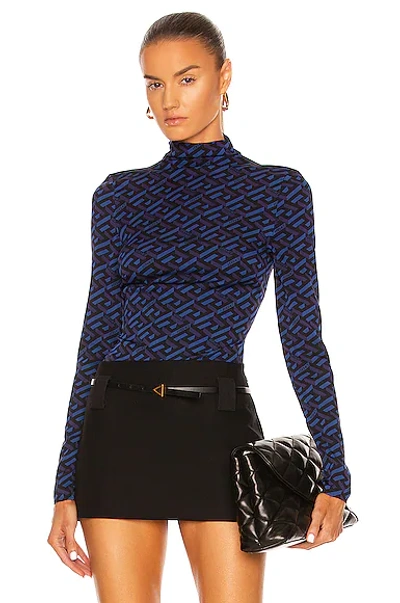 Shop Versace Monogram Long Sleeve Bodysuit In Blue Navy & Nero