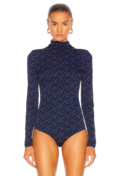 Shop Versace Monogram Long Sleeve Bodysuit In Blue Navy & Nero