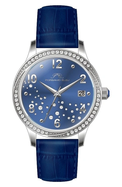 Shop Porsamo Bleu Ruby Sunray Croc Embossed Leather Strap Watch, 34mm In Blue/silver