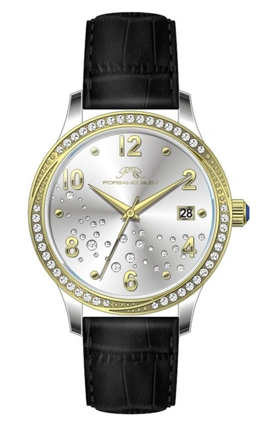 Shop Porsamo Bleu Ruby Sunray Croc Embossed Leather Strap Watch, 34mm In Silver/black/gold