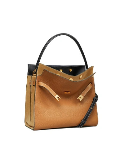Shop Tory Burch Lee Radziwill Pebbled Double Bag In Tiger's Eye