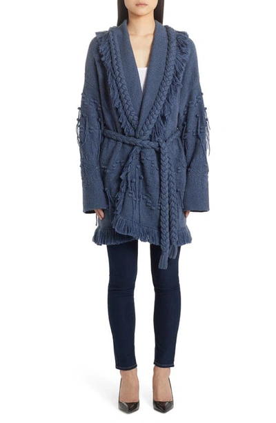 Shop Alanui Icon Fisherman Belted Oversize Cashmere Cardigan In Mid Blue N