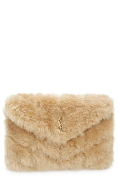 Shop Saint Laurent Small Lou Puffer Genuine Shearling Pouch In Natural Beige