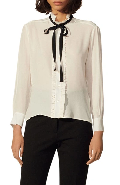 Shop Sandro Hanni Tie Neck Silk Blouse In Ecru