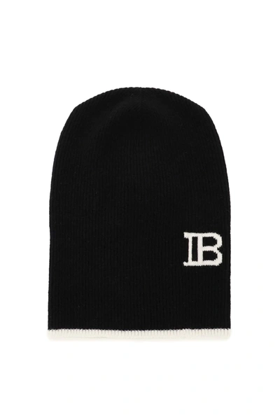 Shop Balmain Wool And Cashmere Beanie Hat In Black,white