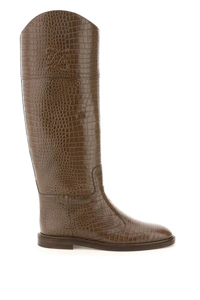 Shop Fendi Karligraphy Crocodile Embossed Leather Boots In Brown