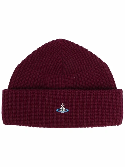 Shop Vivienne Westwood Embroidered-orb Knitted Beanie In 红色