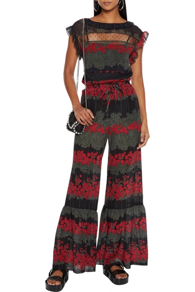 Shop Red Valentino Floral-print Silk-georgette Flared Pants In Black