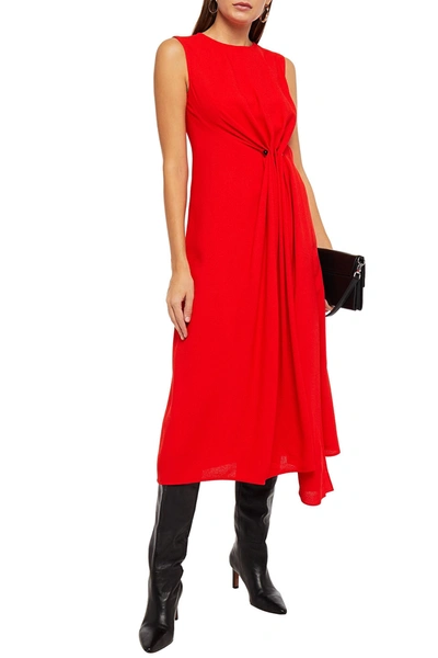 Shop Victoria Beckham Gathered Barbel-embellished Crepe Midi Dress In Tomato Red