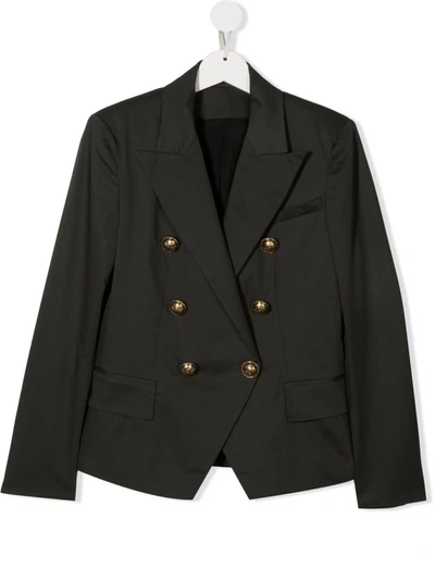 Shop Balmain Dark Green Kids Double-breasted Blazer With Golden Embossed Buttons In Verde Scuro