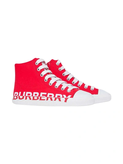 Shop Burberry Red Sneakers With Press Side With Logo In Rosso
