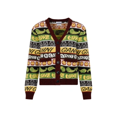 Shop Ganni Recycled Wool Smiley Cardigan Sweater In Multicolour