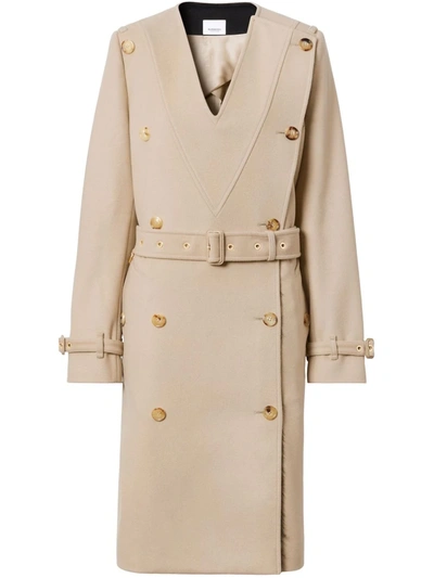 Burberry Double-breasted Collarless Trench Coat In Neutrals