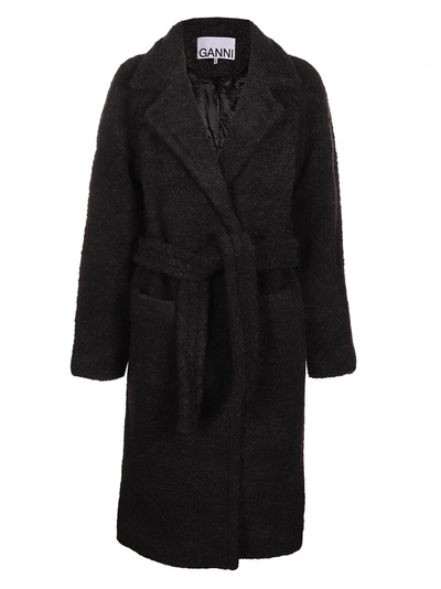 Ganni Belted Wool-blend Bouclé Coat In Charcoal | ModeSens