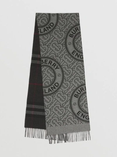 Shop Burberry Montage Cashmere Reversible Scarf In Shale Grey