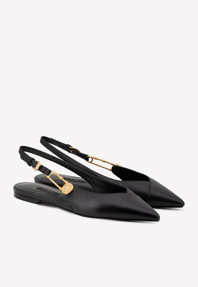 Shop Versace Calf Leather Safety Pin Slingback Flats In Black