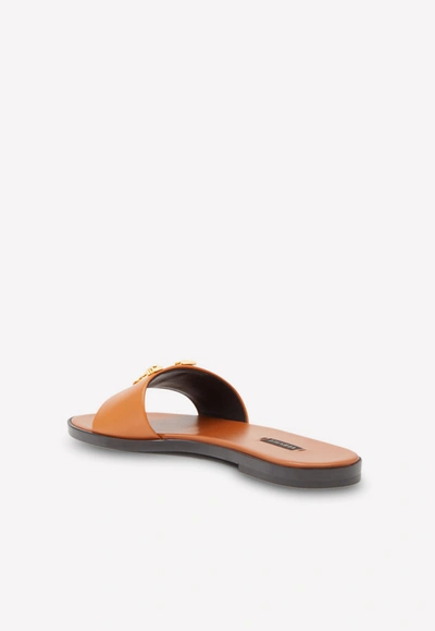 Shop Versace Virtus Flat Slides In Calfskin In Brown