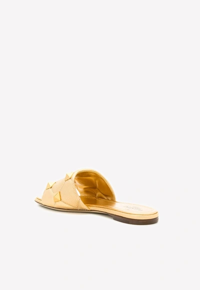 Shop Valentino Roman Stud Quilted Metallic Leather Flat Slides In Gold