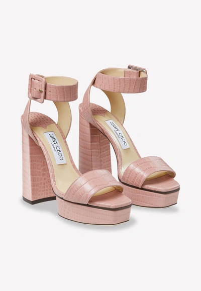 Shop Jimmy Choo Jax/pf 125 Croc-embossed Platform Sandals In Pink