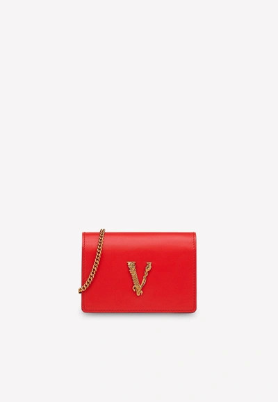 Shop Versace Mini Virtus Chain Clutch In Leather In Red