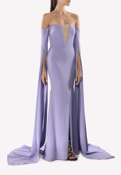 Shop Alex Perry The Alex Satin Crepe Strapless Crinoline Long Sleeve Gown In Purple