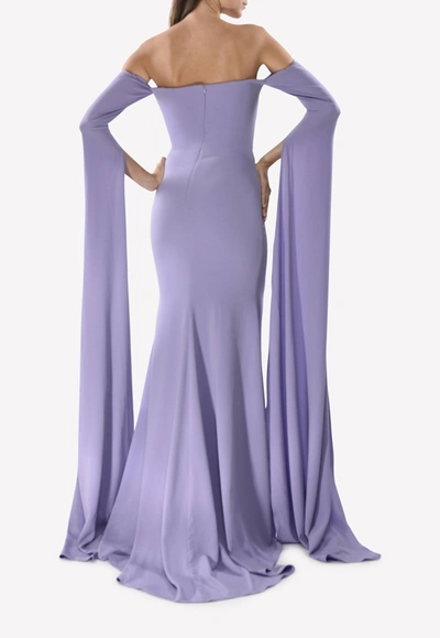 Shop Alex Perry The Alex Satin Crepe Strapless Crinoline Long Sleeve Gown In Purple